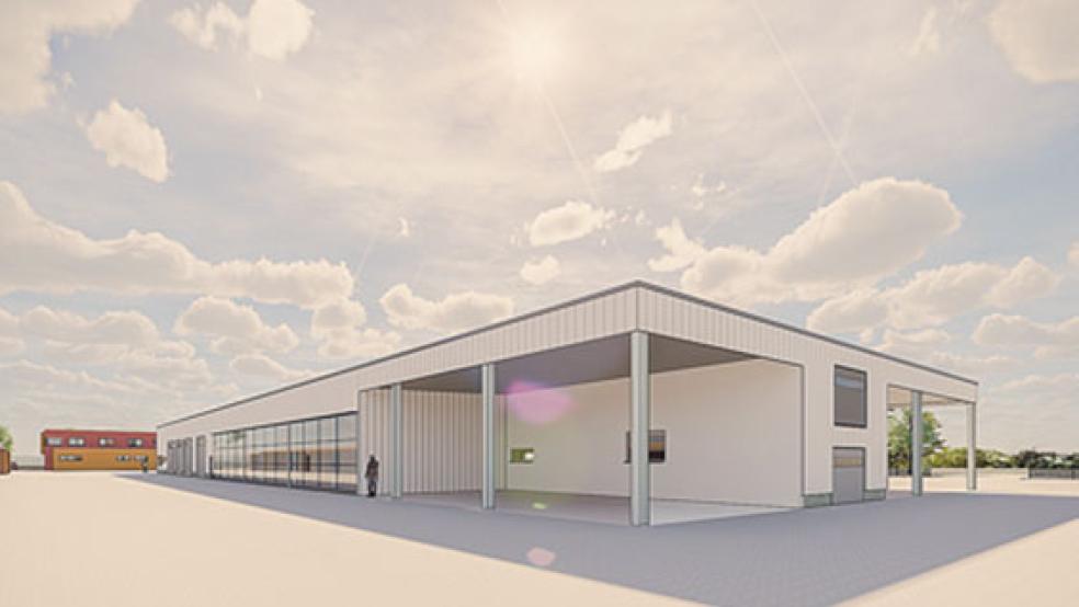 Die kombinierte Werkstatt-, Lager- und Fahrzeughalle des neuen Bauhofs.  ©  Grafik: Stadt Papenburg / Ingenieurgesellschaft Nordwest