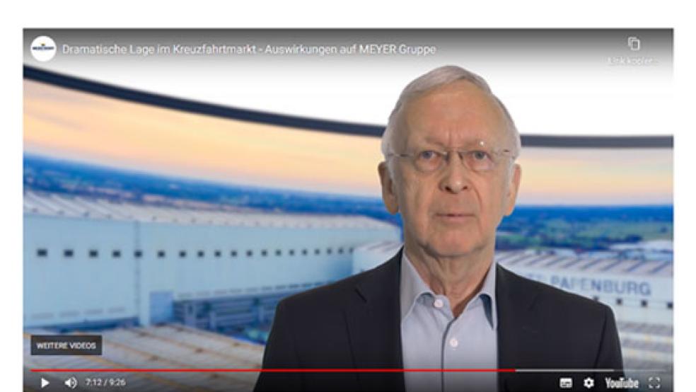 In einer Videobotschaft auf der Internetseite der Werft hat sich Bernard Meyer gestern zur dramatischen Lage auf dem Kreuzfahrtmarkt geäußert.  © Screenshot: Internetseite www.meyerwerft.de