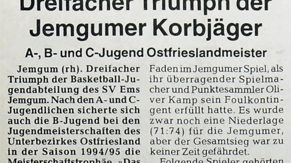 So berichtete die RZ vor 25 Jahren über den Erfolg der Jemgumer Basketballer. © Foto: RZ-Archiv