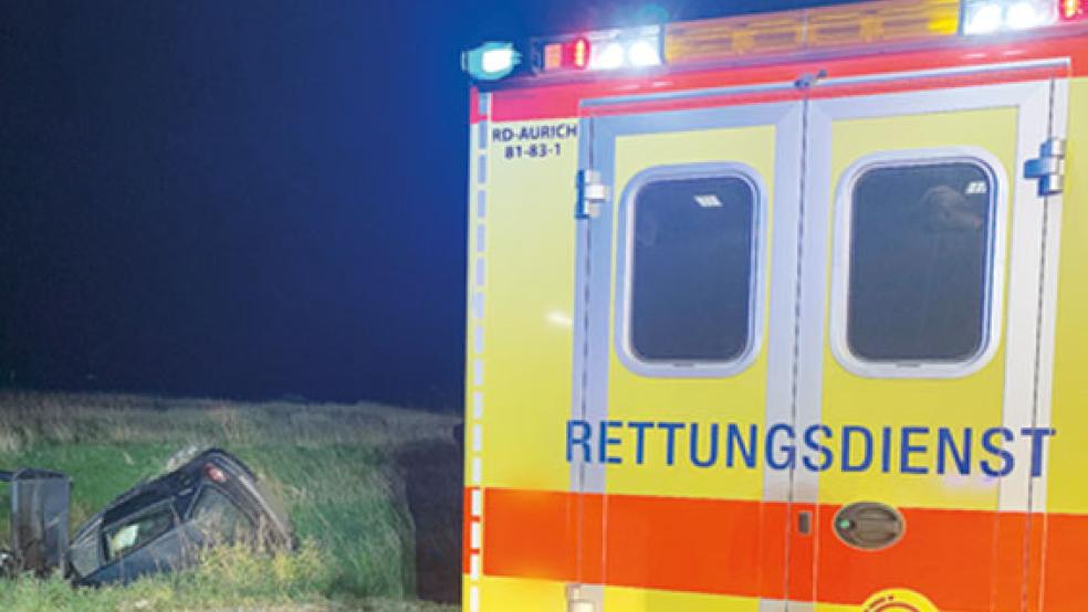 Der VW Polo blieb auf dem Dach in einem Graben liegen. © Foto: Carsten Redenius (Feuerwehr Brookmerland)