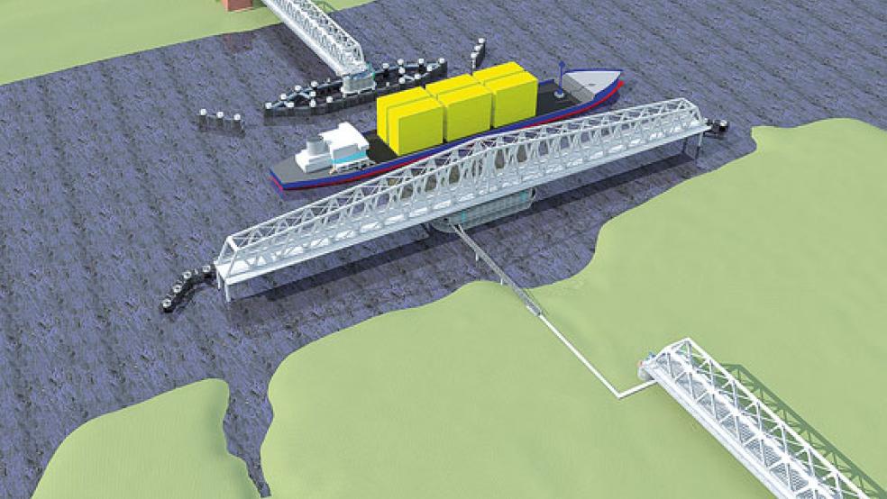 Die neue Hub-Dreh-Brücke zwischen Weener und Hilkenborg soll eine 56,50 Meter breite Öffnung für den Schiffsverkehr haben. © Grafik: ARGE Friesenbrücke