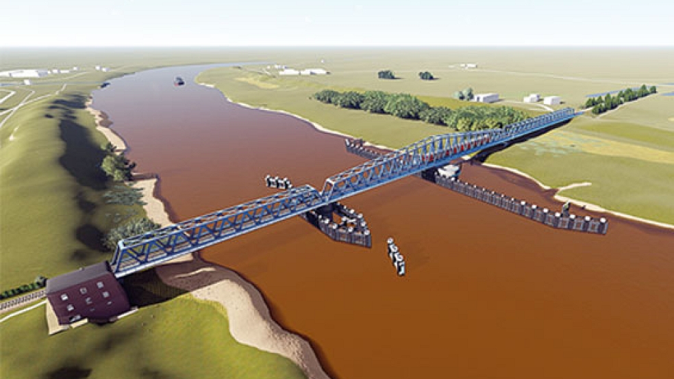 Die neue Visualisierung zeigt, wie die geplante Hub-Drehbrücke zwischen Weener und Hilkenborg nach ihrer Fertigstellung Ende des Jahres 2024 aussehen soll.  © Foto: ARGE Friesenbrücke