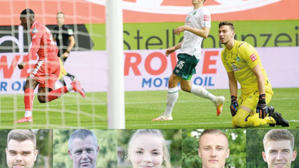 Oft hatte Werder (von rechts Jiri Pavlenka und Maximilian Eggestein) diese Saison das Nachsehen, doch vier der fünf befragten Werder-Fans aus dem Rheiderland glauben bis zum Schluss daran, dass Werder den Abstieg noch verhindern kann. Befragt wurden Mirco Ahlers (von links), Frank Batterham, Frauke Schröder, Lukas Kappernagel und Wolfgang Saathoff. © Collage: dpa/Bruins