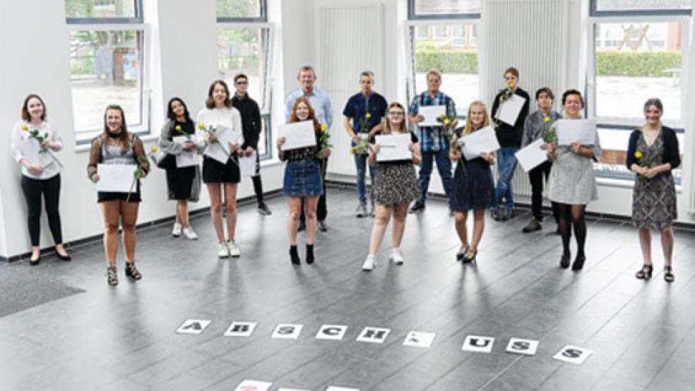 Auf Abstand, aber doch vereint in der Freude über den erworbenen Abschluss: Die Schüler der Klasse 10a der Oberschule Bunde. Die Fotos der anderen beiden Klassen finden Sie in unserer Online-Galerie zu diesem Artikel unter www.rheiderland.de © Foto: Oberschule Bunde