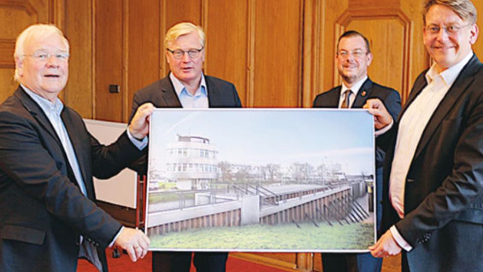 Tauschten sich in Papenburg aus (von links): Bernd Busemann (Vizepräsident des niedersächsischen Landtages), Wirtschaftsminister Bernd Althusmann, Bürgermeister Jan Peter Bechtluft und Landrat Marc-Andre Burgdorf. © Foto: Stadtverwaltung