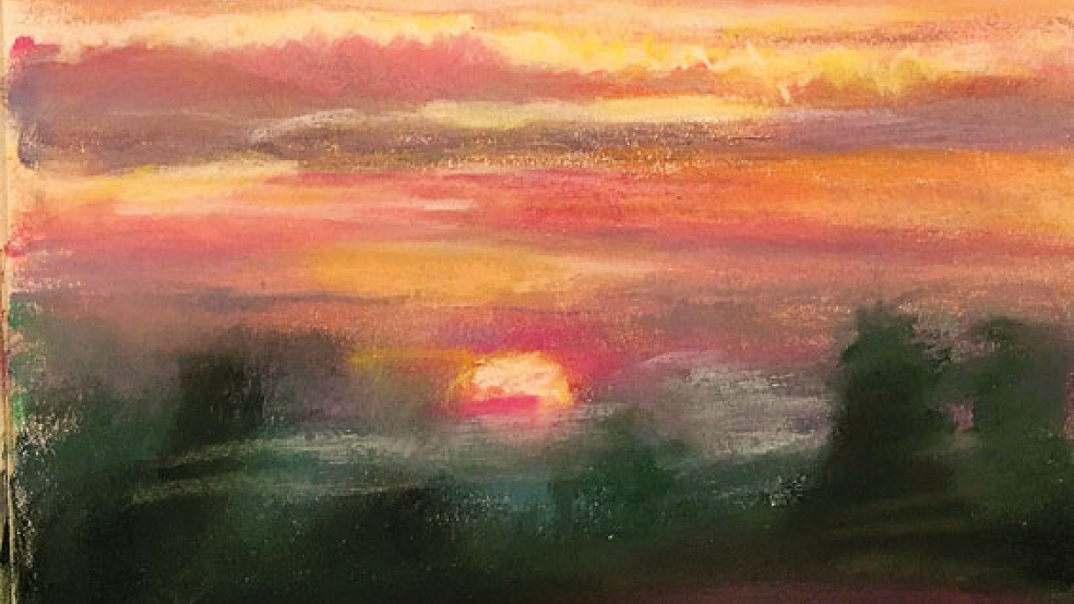 Rot glimmend und eine sinkende Sonne, wie ein Glutball. Auch diese Ansicht eines Rheiderländer Himmels zeigt Heindrun Prost-van Schuijlenburg in der Ausstellung in Zuurdijk. © Foto: privat