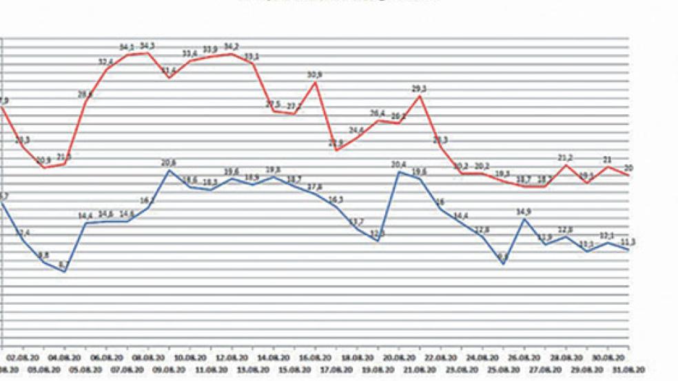 Die Temperaturverläufe im August. Die rote Linie markiert die Höchstwerte der jeweiligen Monatstage, die blaue die Niedrigstwerte. © Wetterstation Stapelmoor (Graphiken)