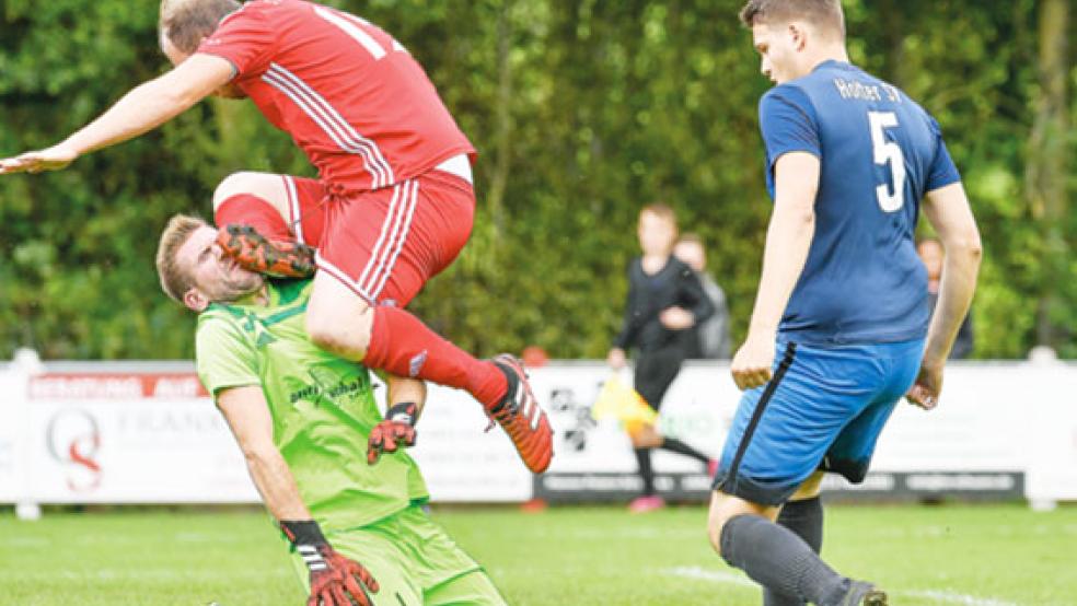 Jens Diddens im Tor der Jemgumer war gegen den Holter SV mit vollem Körpereinsatz bei der Sache. Das Foto zeigt, wie Diddens von seinem Mitspieler Gerd Bekker angerempelt wird. © Foto: Bruins