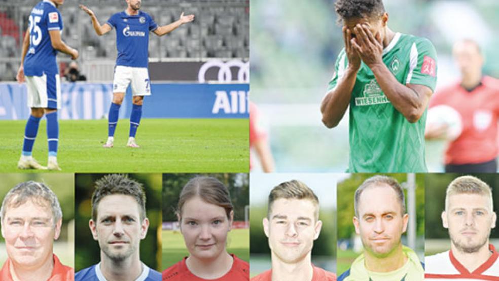 Die Spieler von Schalke und Werder sind derzeit oft ratlos und frustriert angesichts ihrer Ergebnisse. Ralph Schmidt (von links), Ingo Groen und Annika Hüncke hoffen auf Besserung beim S04, Joost Dirksen, Michael Zuidema und Nils van Loh auf eine steigende Formkurve bei den Bremern. © Collage: dpa (2)/Bruins (5)/Hilbrands (1)