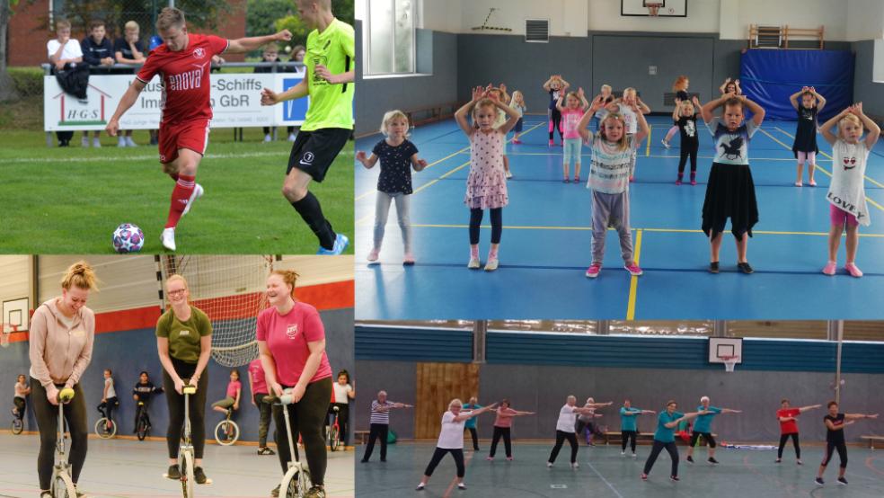 Viele Sportarten wie Fußball, Kindertanzgruppen, die Einradgruppe oder auch die Allroundgymnastik 50 Plus sind beim TV Bunde unter Corona-Richtlinien wieder aktiv. © Collage: Born (1), Bruins (1). TV Bunde (2)