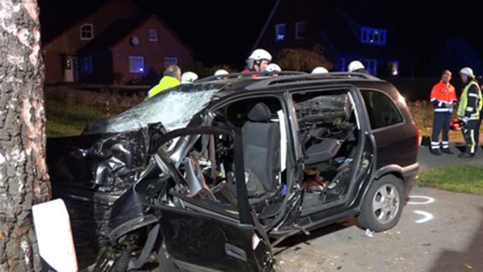 Der Opel Zafira prallte auf dem Langholter Weg in Richtung Ostrhauderfehn gegen einen Baum. © Foto: dpa