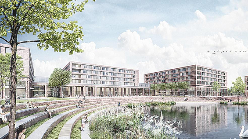 So könnte er 2027 aussehen, der Zentralklinik-Campus. Details der Gestaltung wie das Anlegen eines Sees oder der Bau einer Treppenanlage sind aber noch nicht im Planentwurf enthalten. © Graphik: GMP
