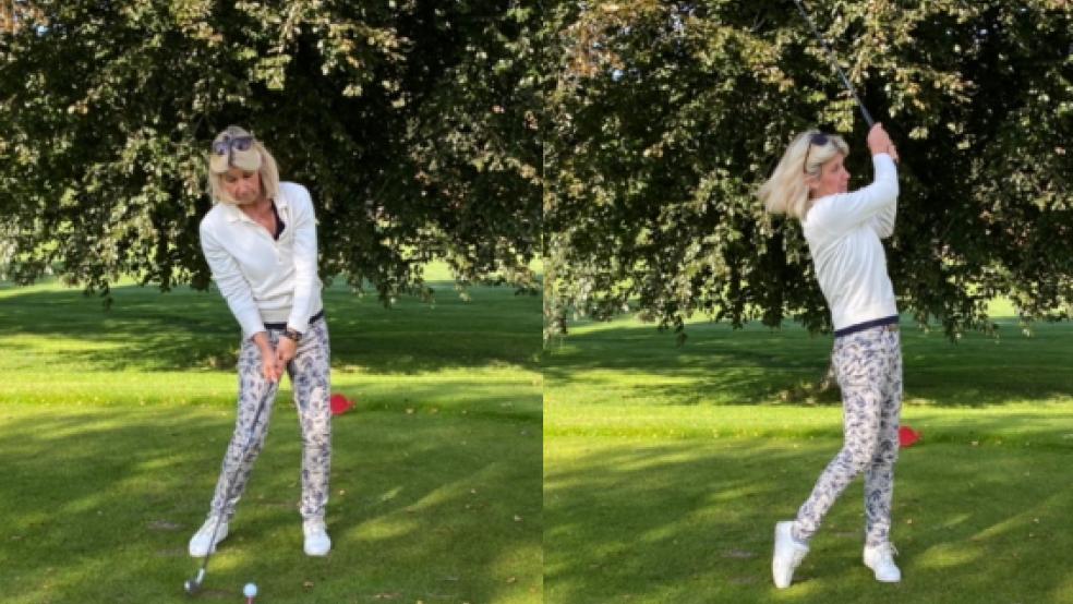 Isabel Narr schwingt am Loch 19 in Wiesmoor ihr Eisen 5 voll durch, um mit wenigstens drei Schlägen - das Loch hat Par 3 - einzulochen. © Fotos: privat