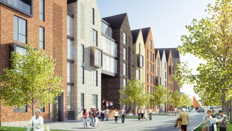 Die Perspektive vom Gebäude der Polizeiinspektion in Richtung des Verkehrskreisels mit dem stählernen Segel (rechts im Hintergrund) zeigt die geplanten Giebelhäuser in Hafenspeicher-Optik mit der Fortführung der Georgstraße. © Visualisierung: Architekten Eden (Leer)