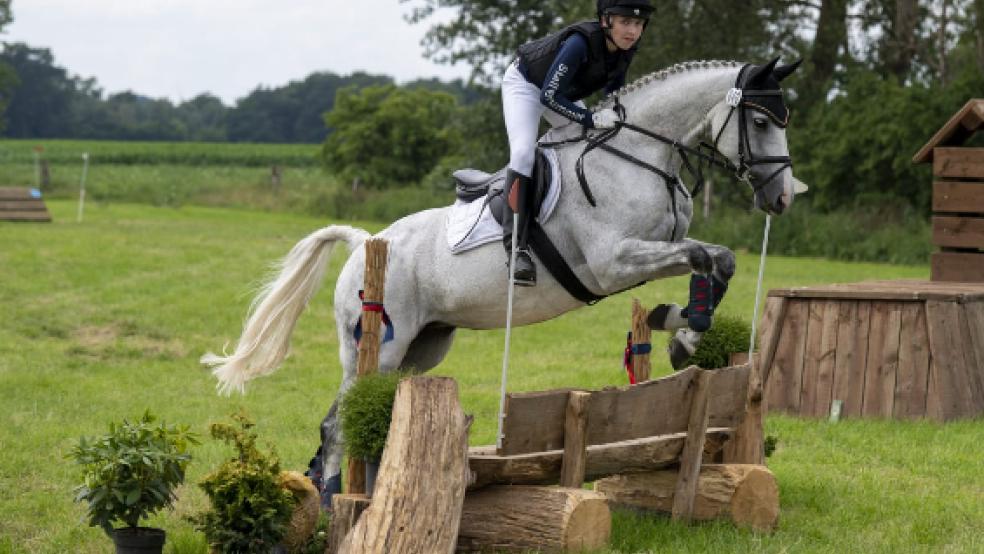 Das Springen war die beste Disziplin von Mathis und seinem Schimmel, Carlotta-Biella, mit bei der Goldenen Schärpe in Langenfeld. Dabei hat er 7,7 Punkte erzielt. © Foto: privat