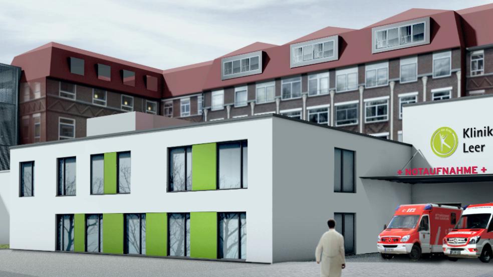 Das Klinikum in Leer wird laufend erweitert: Die Visualisierung zeigt den geplanten Anbau für die neue Zentrale Patientenaufnahme. © Visualisierung: Klinikum Leer
