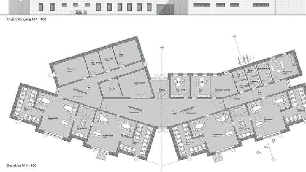 Der Entwurf von Architektin Meike Seidler mit der Eingangsfront (oben) und dem Grundriss der geplanten Krippe. © Grafik: Architekturbüro Meike Seidler