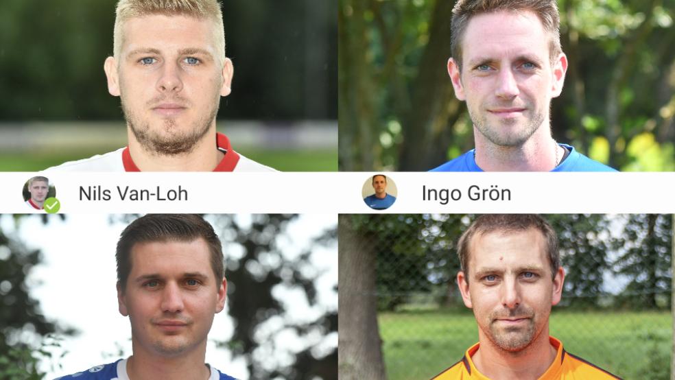 Im Internet auf »fussball.de« sind unter anderem die Namen von Nils van Loh (SV Ems Jemgum), Ingo Groen (Heidjer SV), Derk Schüür (SF Möhlenwarf) und Ralf Groeneveld (SV Wymeer-Boen II) falsch geschrieben. © Collage: Screenshots fussball.de (4)/Bruins (3)/Ostendorp (1)