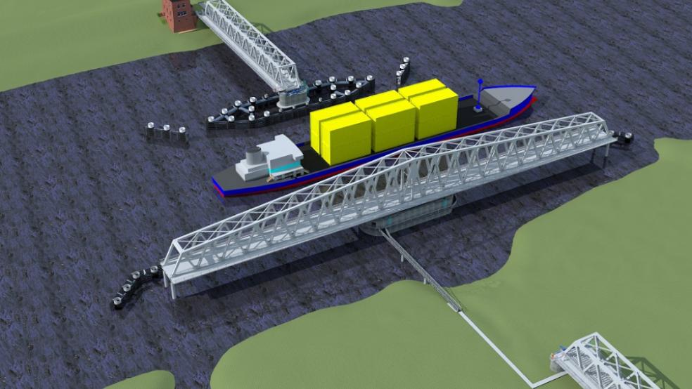 Der geplante Neubau einer Drehbrücke (hier: Visualisierung) an Stelle der durch einen Schiffsunfall beschädigten Friesenbrücke sorgt weiter für politische Diskussionen. © Visualisierung: ARGE Friesenbrücke