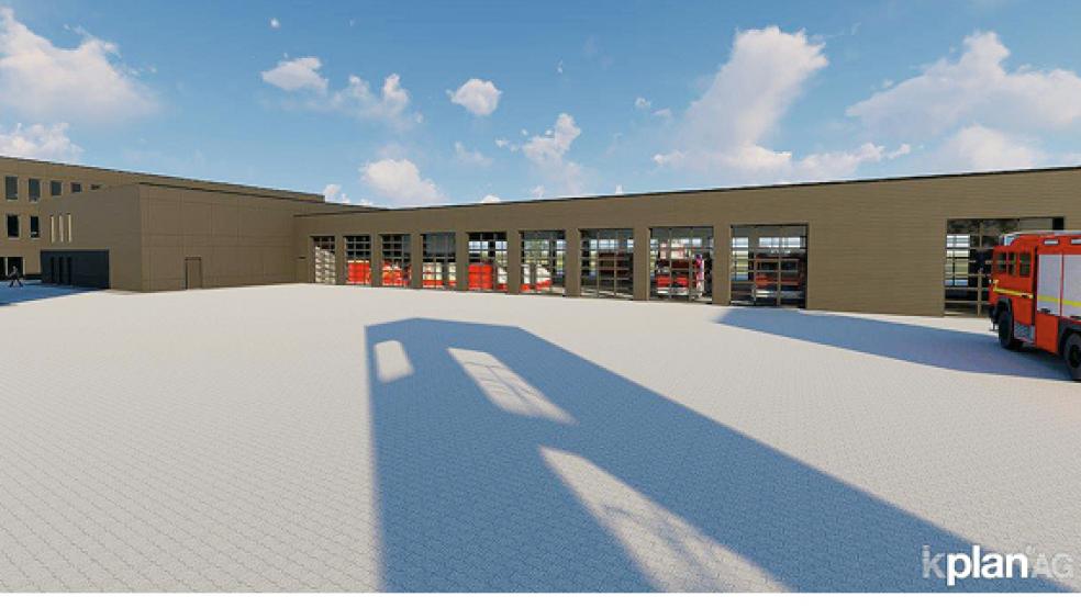 So soll die neue Feuerwehrtechnische Zentrale im Gewerbegebiet Leer-Nord aussehen. Die alte FTZ wird noch bis 2023 bis zur Neubau-Fertigstellung der Anlaufpunkt für die Feuerwehren sein. © Graphik: kplanAG