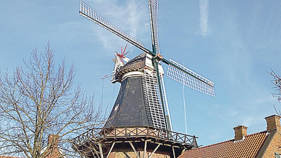 Wieder komplett: die Mühle im Ditzumer Ortskern. Zwei Mitarbeiter der Fachfirma Molema aus den Niederlanden) erledigen heute noch Restarbeiten. © Fotos: privat