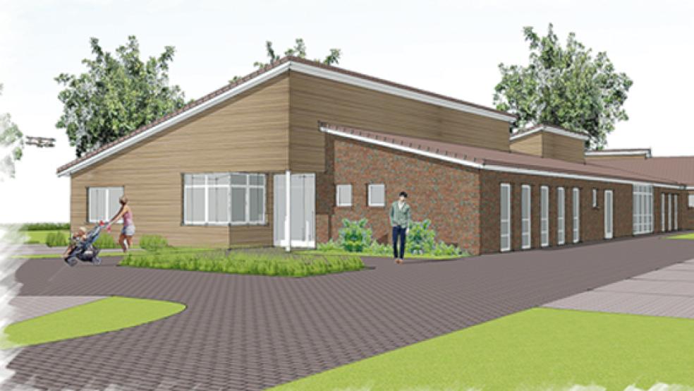 So soll die neue Kinderkrippe für vier Gruppen in Jemgum einmal aussehen, der Neubau soll voraussichtlich im Sommer 2022 eingeweiht werden. © Graphik: Architektur Werkstatt GmbH