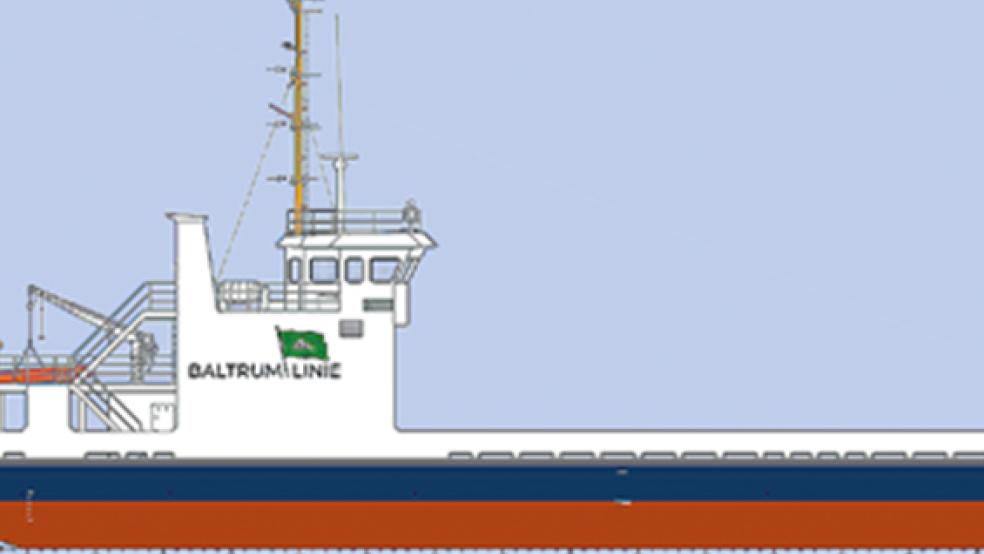 Eine Ansicht des Frachtschiffs-Neubau für die Baltrum Linie. © Foto: Diedrich-Werft