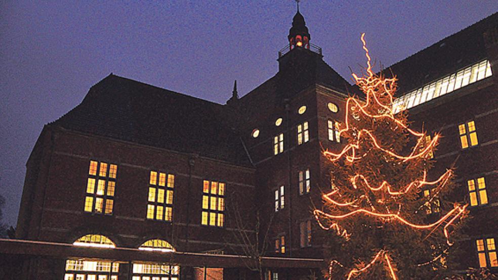 Stimmungsvoll: Beim Ubbo-Emmius-Gymnasium in Leer steht jetzt ein rund zehn Meter hoher Baum, der auf Weihnachten einstimmen soll.  © Foto: UEG