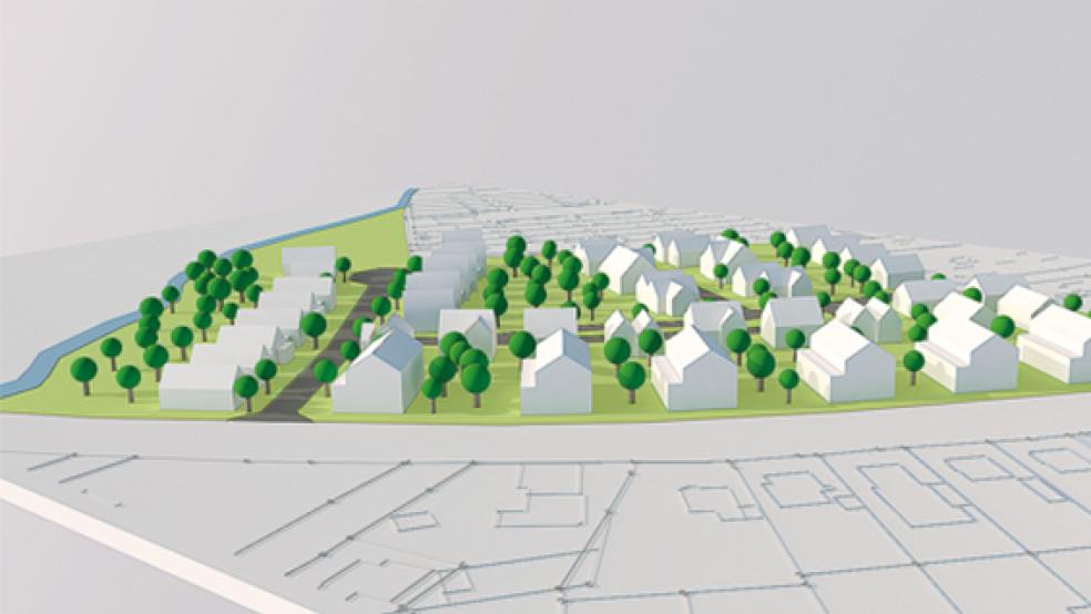Ein neues »Filetstück« entsteht in der Groninger Straße in Leer: Eine Siedlung mit 130 Wohneinheiten wird aus dem Projekttopf »Wärmepumpenquartiere« gefördert. © Visualisierung: Firma Terfehr (Rhede)