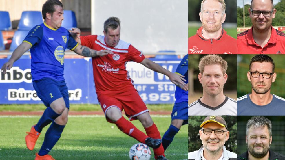 Fußball noch im Frühjahr? Die Trainer Jens Dannen (oben von links, Jemgum), Matthias Schmidt (Bunde), Heiner Husmann (Weener), Hinni Tammen (Ditzumerverlaat/Ditzum), Manfred Klock (Wymeer-Boen) und Jens Hinderks (Stapelmoor) glauben mehrheitlich daran. © Collage: Bruins (6)/Yzer(1)
