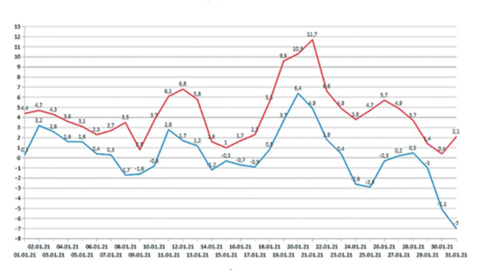 Die Temperaturverläufe im Januar. Die rote Linie markiert die Höchstwerte der jeweiligen Monatstage, die blaue die Niedrigstwerte. © Grafiken: Wetterstation Stapelmoor