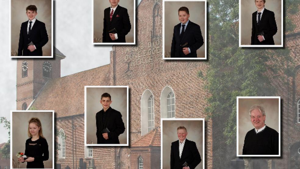 Konfirmiert wurden (oben von links) Hendrik Papsdorf, Marc Müller, Marwin Müürmann und Alex Auen, sowie (unten von links) Melina Nagel, Eric Schoormann und Leon Freese.  © Fotomontage: Fotostudio Bernd Lehmann