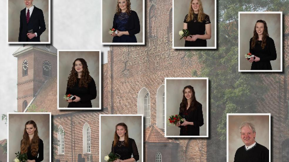 Konfirmiert wurden diesmal (oben von links) Julian Gottwald, Ina Smidt, Jule Meinders und Sheyenne Wilken, Amelie Mansholt (Mitte), sowie (unten von links) Eva-Marie Löning, Ann-Christin Hilbrands und Marie-Christin Steinhagen. © Fotomontage: Fotostudio Lehmann