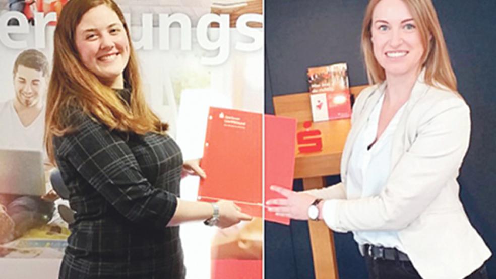 Marina Schult freut sich über ihr Abschlusszeugnis, die Bunderin konnte dafür aber Ausbildungsleiterin Annika Rhauderwiek in Corona-Zeiten nicht persönlich treffen. So gab es eine virtuelle Übergabe, wie diese Collage aus zwei Fotos andeutet.  © Fotos: Sparkasse