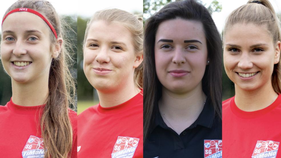 Friederike Schwarzer (von links), Marlit Eden, Julia Bohlen und Michelle van Göns bleiben Fußball-Oberligist SV TiMoNo auch in der kommenden Saison erhalten.  © Collage: privat