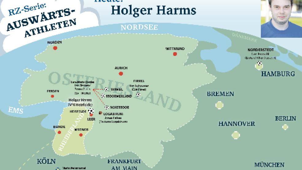 Holger Harms ist nicht weit weg vom Rheiderland, aber auch als Trainer des VfR Heisfelde zählt er zu den Auswärtsathleten. © Grafik: Mennenga/Foto: Bruins