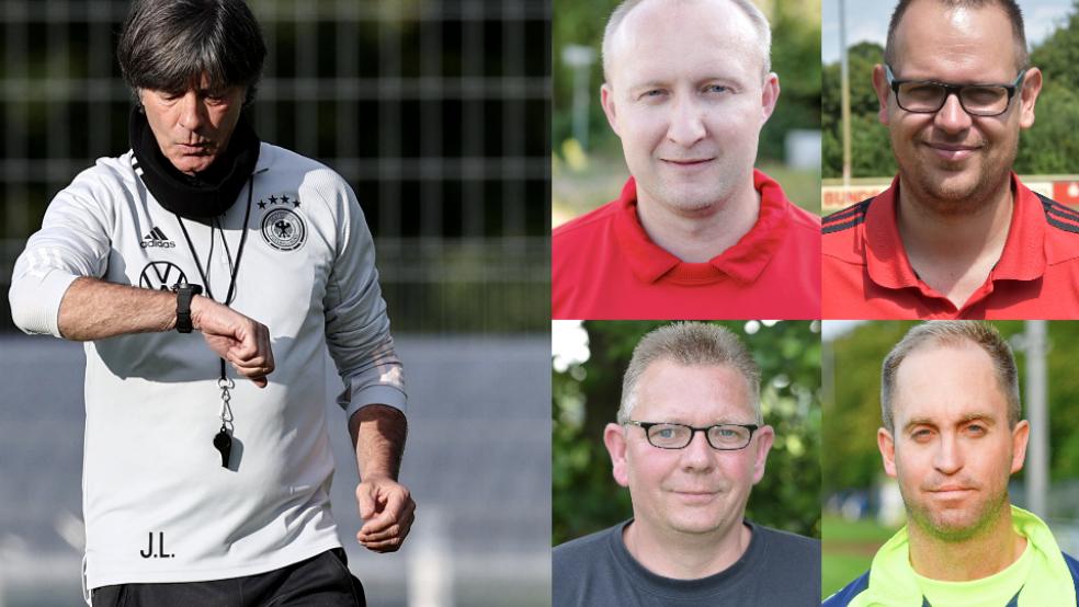 Zeit zu gehen? Nach Meinung dieser Rheiderländer Trainer hätte Joachim Löw einen besseren Zeitpunkt finden können: Nils Hofmann (oben, von links, SV Ems Jemgum), Matthias Schmidt (TV Bunde), Lutz Ammersken (unten von links, BSV Bingum) und Michael Zuidema (Germania Leer). © Collage: dpa(1)/Bruins (4)