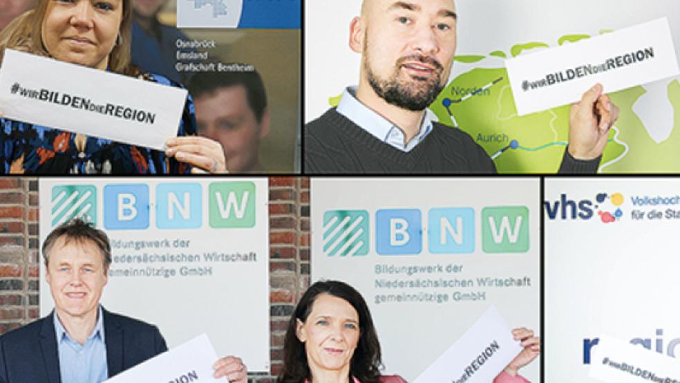 Haben sich zusammengetan: Janine Gillner (IHK Osnabrück-Emsland-Grafschaft Bentheim), Aiko Hinrichs (Ems-Achse), Denise Timpe (HÖB, oben von links) sowie Eckhard Harjes und Melanie Nonte (Bildungswerk der Niedersächsischen Wirtschaft) und Carsten Löning (VHS Leer, unten von links).  © Fotos: privat