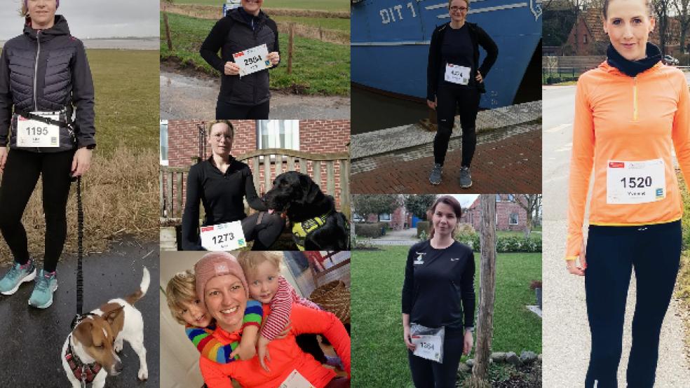 Sie nennen sich »Flitzpiepen«: Lisa Pruski mit Hund Fiete (links), Jantje Woortmann (von oben links), Anja Drewenz mit Hund Joy, Anna Burlager mit ihren Kindern Theo und Tomma, Christina Bruhns (von oben rechts), Kathrin Hertema, sowie Yvonne Penning (ganz rechts). Die sieben Frauen laufen beim »Ossiloop anners« mit. © Collage: privat