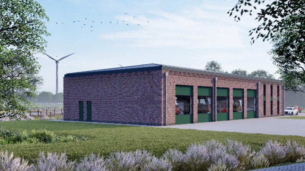 Mit einem rotbraunen Verblender sowie grünen Toren und Fensterfüllungen soll sich die neue Heimstätte der Nüttermoorer Brandbekämpfer gut in die ländliche Umgebung einfügen. © Visualisierung: egn baumarketing