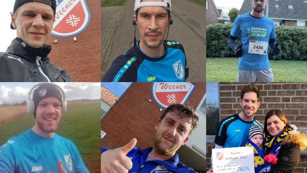 Haben sich in der fußballfreien Zeit fitgehalten: Viktor Buksmann (oben von links), Stefan Suhlmann, Peter Landel, Mario Fokken (unten von links), Benjamin Olthoff und Heiner Husmann laufen beim »Ossiloop anners« mit. Der Trainer des TuS Weener wurde von seiner Frau Sonka und dem gemeinsamen Sohn nach der letzten Etappe im Ziel begrüßt. © Collage: privat (6)