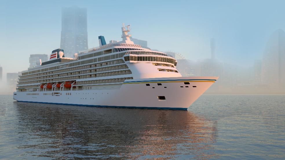 Im Computer ist das neue Kreuzfahrtschiff schon entstanden (hier vor der Kulisse der Hafenstadt Yokohama).  © Meyer Werft