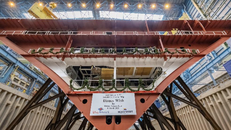 Kiellegung: Der Konzern »Disney Cruise Line« setzt beim aktuellen Neubau auch auf LNG-Antrieb. © Meyer Werft