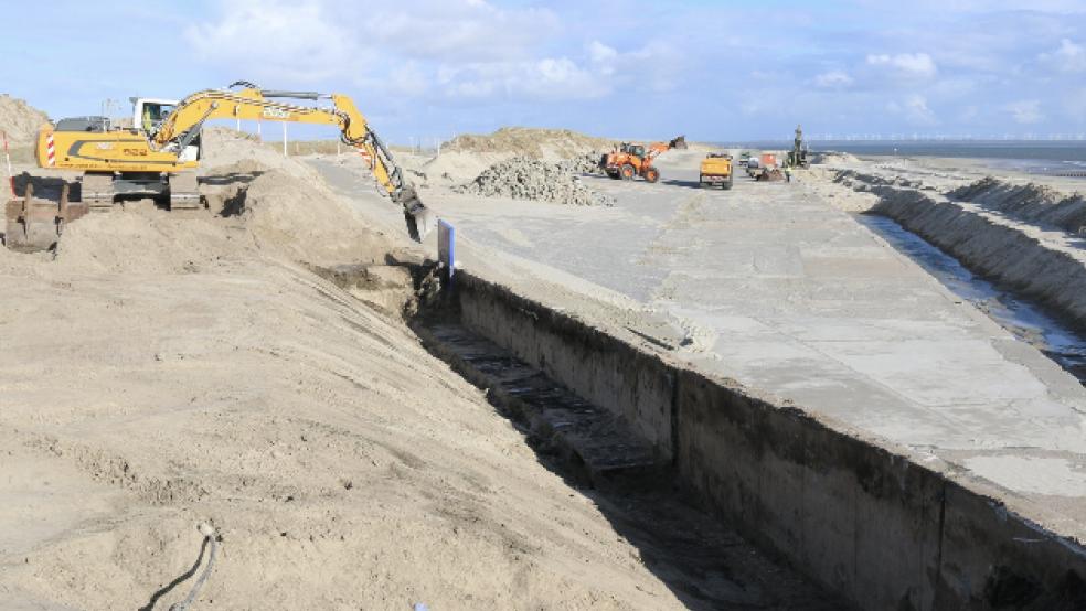 Mit dem Abriss des in die Jahre gekommenen Deckwerks haben die Arbeiten auf der Insel begonnen. © Foto: Bartels (dpa)