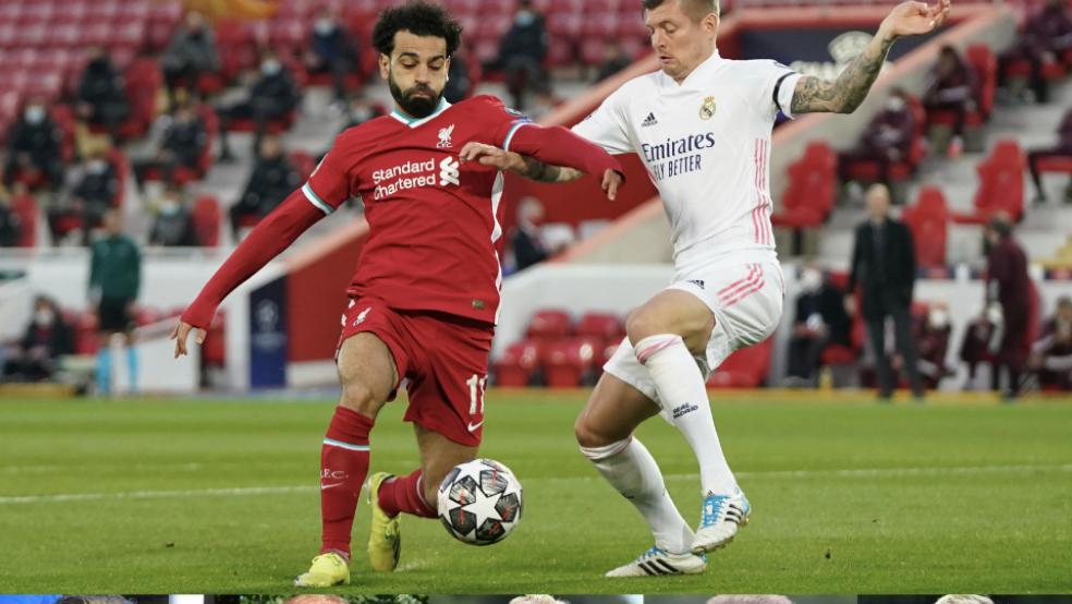 Künftig Ligakonkurrenten? Mohamed Salah (links, FC Liverpool) und Toni Kroos (Real Madrid) könnten künftig in der »Super League« gegeneinander antreten. Geht es nach den Rheiderländer Fußball-Fans Alexander Meyer (unten von links), Steffen Brauer, Jens Dannen, Albert Penning und Kevin Kessens, kommt es nicht zu solchen Begegnungen.  © Collage: dpa(1)/Bruins (6)