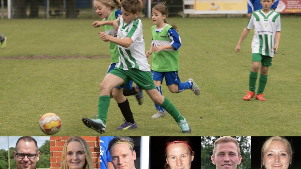 Im Jugendbereich ist es ganz normal, dass Jungen und Mädchen gemeinsam und gegeneinander auf dem Fußballfeld stehen. Ob sie sich das bei Frauen und Männern auch vorstellen können, verrieten Matthias Schmidt (von links, TV Bunde), Lisa Groeneveld (SG Leer 04/Bingum), Alexander Meyer (Möhlenwarf), Annika Reck (SV Ems Jemgum), Jan-Henrik Koppelkamm (SV TiMoNo) und Ina Brink (Heidjer SV) der RZ. © Collage: Klemm(1)/Bruins (4)/Ammermann (2)