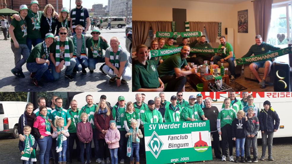 Bilder aus besseren Tagen: Die Fan-Clubs »Nordic Stars Bremen« (links oben) aus Weener, die Nordmänner aus Bunde und der »Werder-Fanclub« aus Bingum wollen in der 2. Bundesliga wieder Erfolge feiern und Auswärtsfahrten mitmachen.  © Fotos: privat