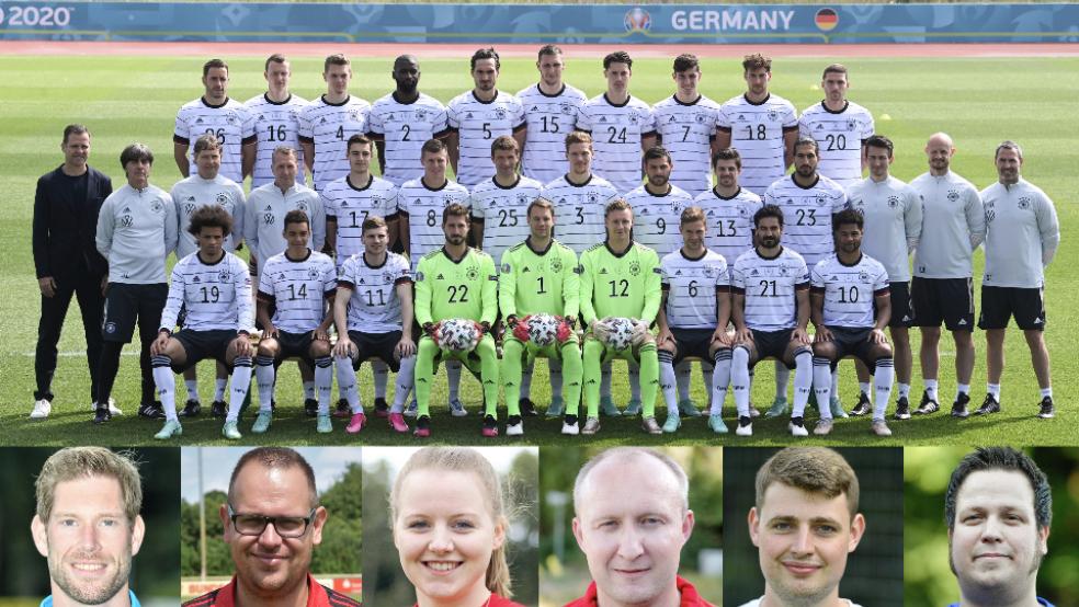 Die deutsche Nationalmannschaft schafft es nicht ins Finale der EM 2020. Darüber sind sich Heiner Husmann (TuS Weener, unten von links), Matthias Schmidt (TV Bunde), Lea Siemens (SV TiMoNo), Nils Hofmann (SV Ems Jemgum), Markus Müller (Teutonia Stapelmoor) und Michael Santjer (Heidjer SV) einig.  © Collage: dpa/Bruins (5)/privat(1)