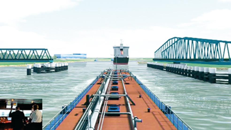 Im Schiffssimulator »Susanne« der Nautitec GmbH im Maritimen Kompentenzzentrum (Mariko) in Leer fuhr heute schon ein 110 Meter langer Tanker durch die geöffnete Drehbrücke. Bis es in der Realität soweit ist, wird es noch dauern.  © Screenshot: Szyska