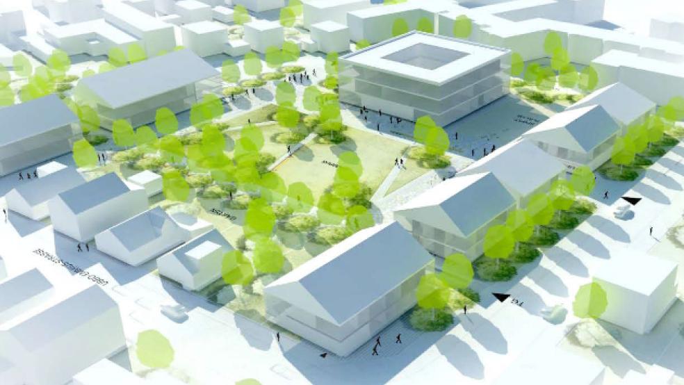 Diesen Entwurf für den »Bildungscampus« in Leer stellte der damalige Landrat Bernhard Bramlage im August 2015 vor. »Wir hoffen, dass wir 2017 anfangen können zu bauen«, sagte Bramlage damals. © Visualisierung: Ahrens Grabenhorst Architekten BDA